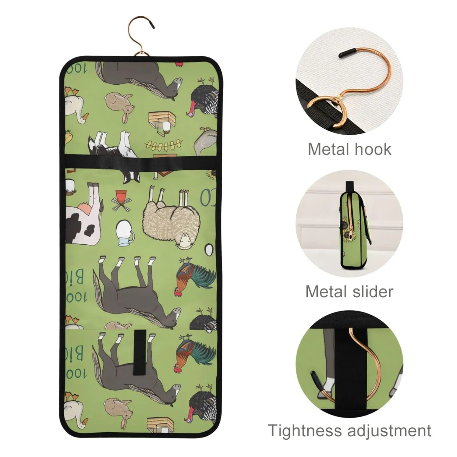 Farm Rooster Milk Cow Donkey Pig Sheep Cat Dog Rabbit on Green 1 PC Hanging Toiletry Wash bag Portable Makeup Organizer Brush Storage Case Portable Travel Cosmetic with Hook