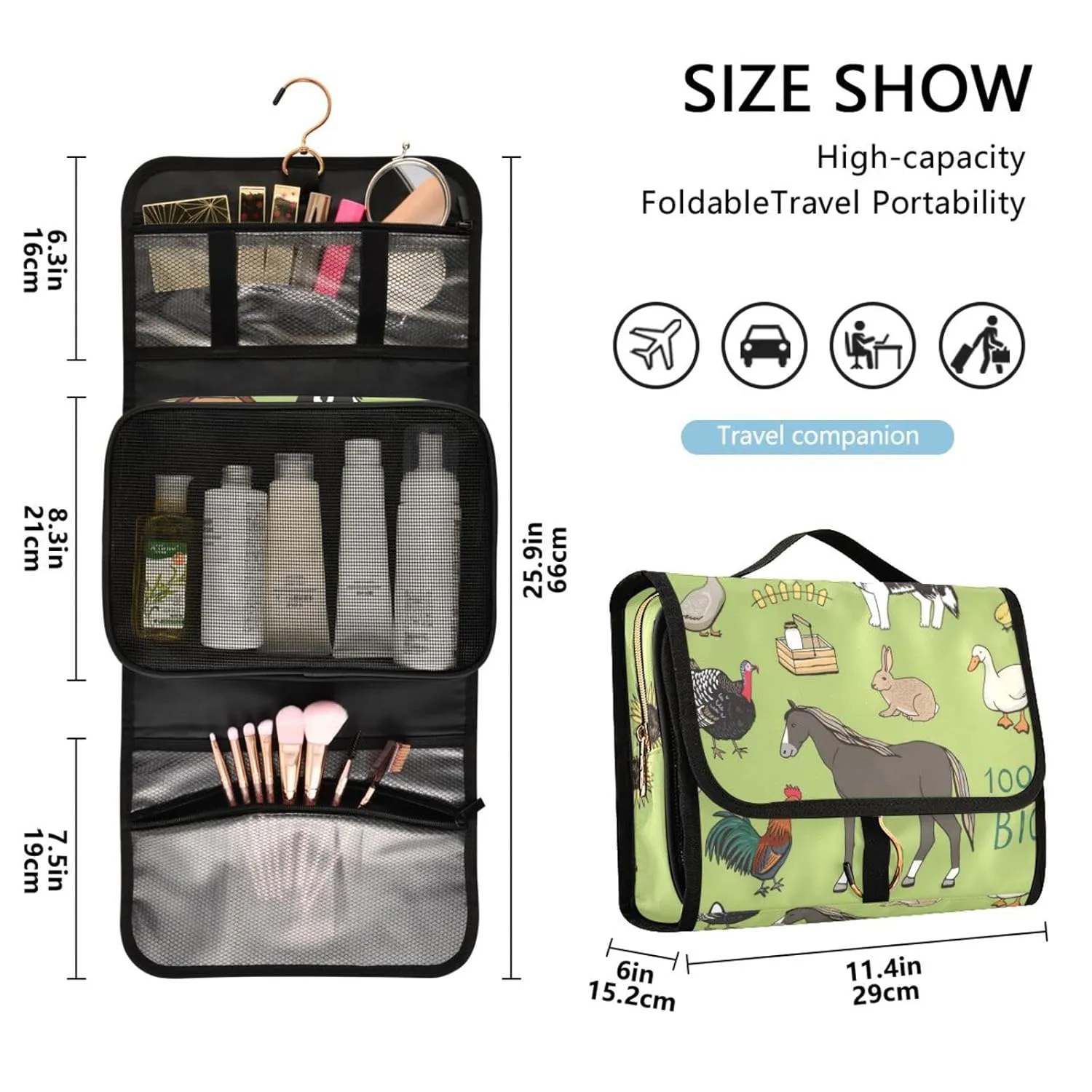 Farm Rooster Milk Cow Donkey Pig Sheep Cat Dog Rabbit on Green 1 PC Hanging Toiletry Wash bag Portable Makeup Organizer Brush Storage Case Portable Travel Cosmetic with Hook