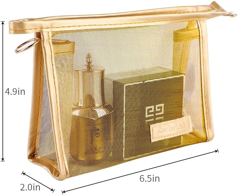 fashion gold mesh triangular zippered cosmetic bag,Visible large capacity Nylon storage bag,Organizing cosmetics and small items for Business Travel bath, Unisex (black 3pcs set)