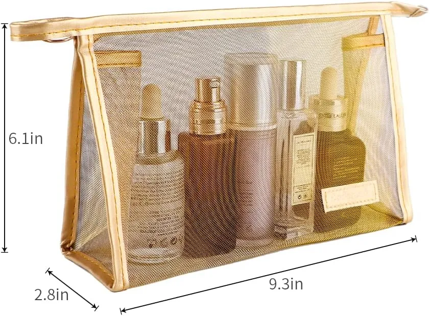 fashion gold mesh triangular zippered cosmetic bag,Visible large capacity Nylon storage bag,Organizing cosmetics and small items for Business Travel bath, Unisex (black 3pcs set)