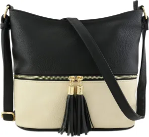 FashionPuzzle Lightweight Tassel Zipper Bucket Crossbody Bag