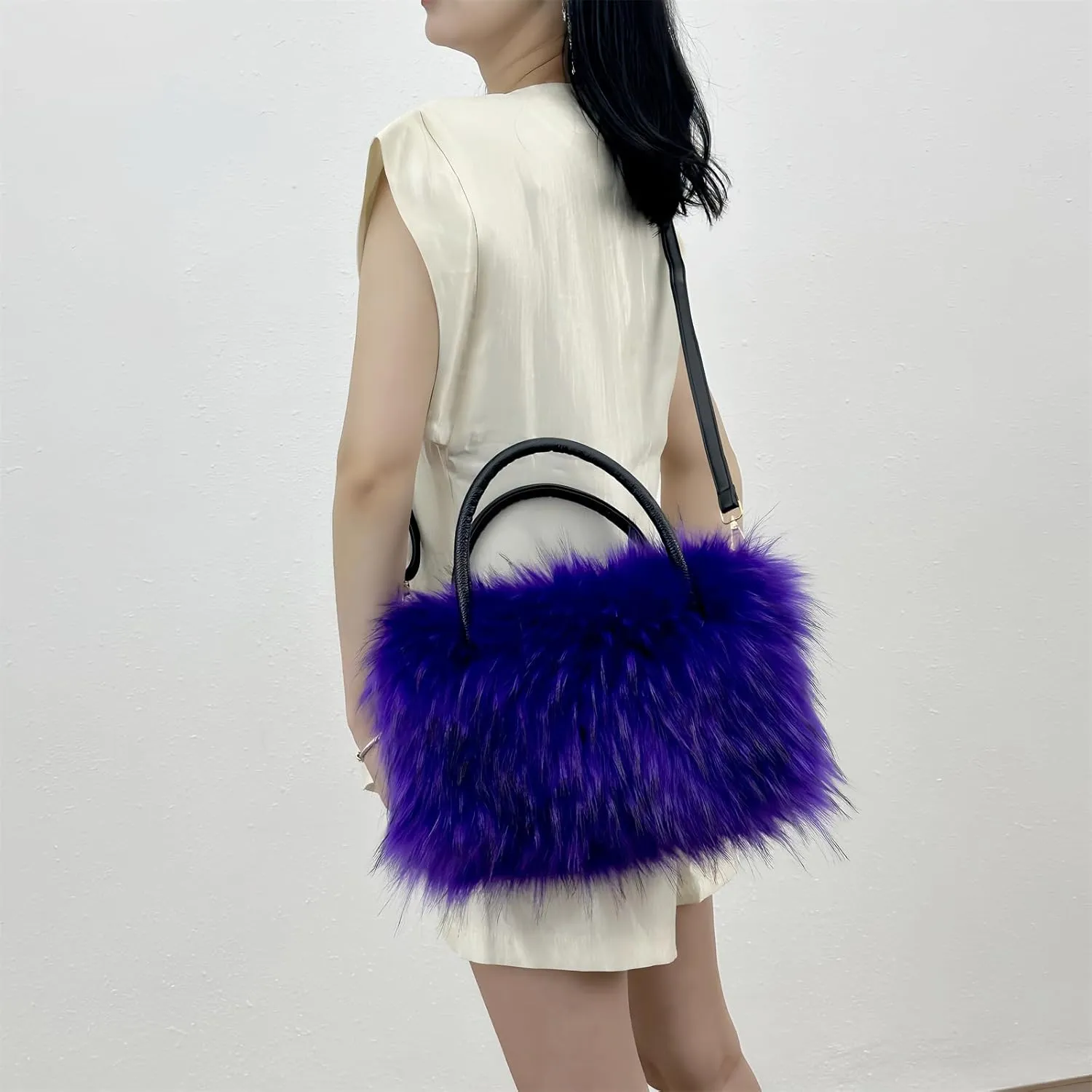 Faux Fur Tote Bag Women's Shoulder Handbags Fluffy Handbags Cute Soft Fluffy Purse Furry Bag for Shopping Working, Purple