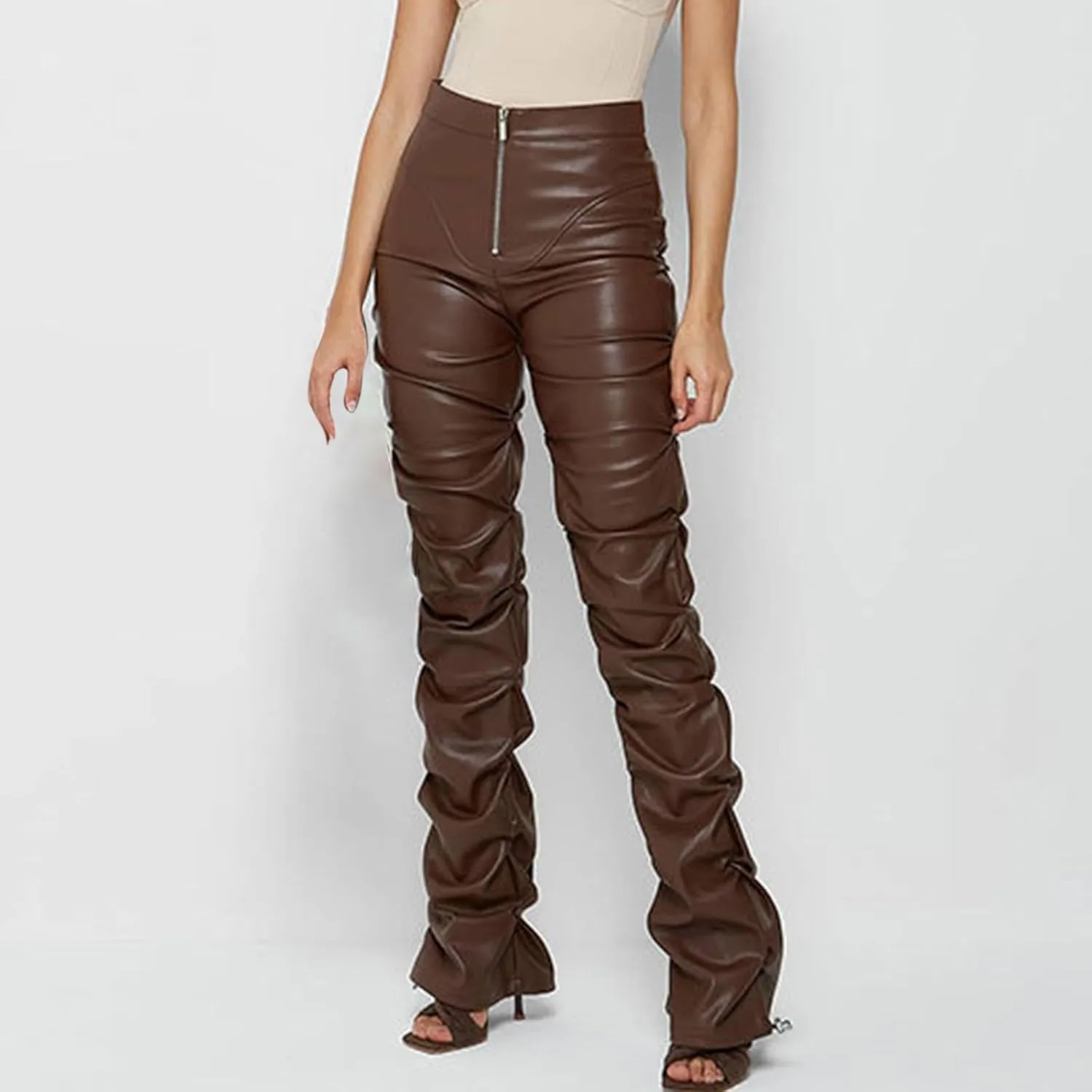 Faux Leather Flare Leg Pants Trousers High Waisted Ruched Zipper Leather Trousers PU Leather Stacked Skinny Pants