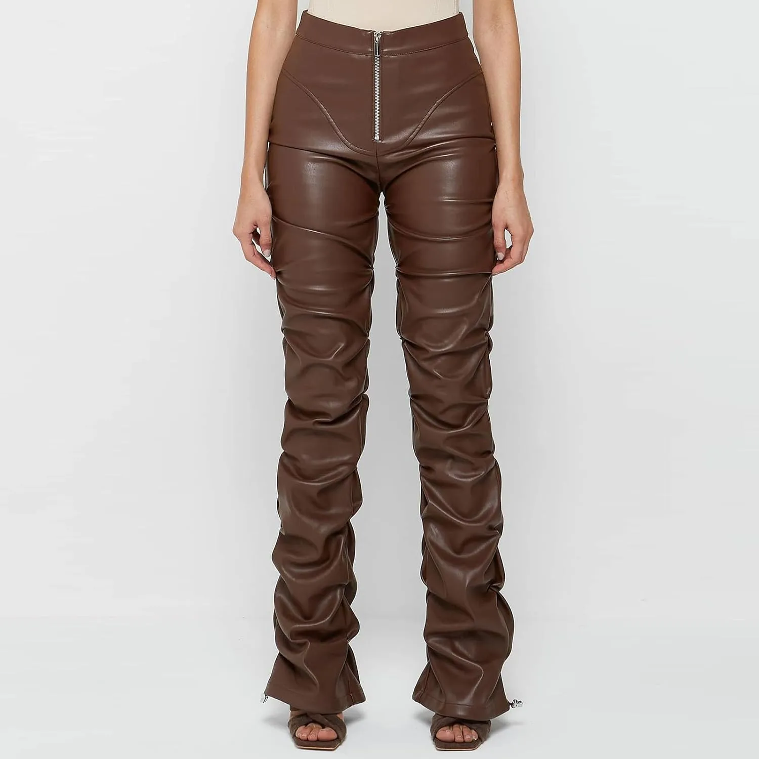 Faux Leather Flare Leg Pants Trousers High Waisted Ruched Zipper Leather Trousers PU Leather Stacked Skinny Pants