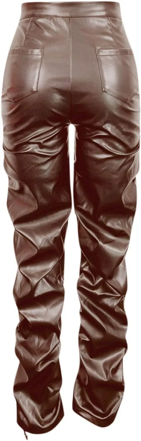 Faux Leather Flare Leg Pants Trousers High Waisted Ruched Zipper Leather Trousers PU Leather Stacked Skinny Pants