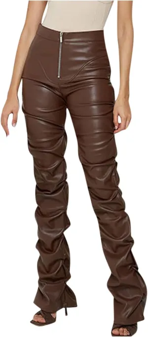 Faux Leather Flare Leg Pants Trousers High Waisted Ruched Zipper Leather Trousers PU Leather Stacked Skinny Pants