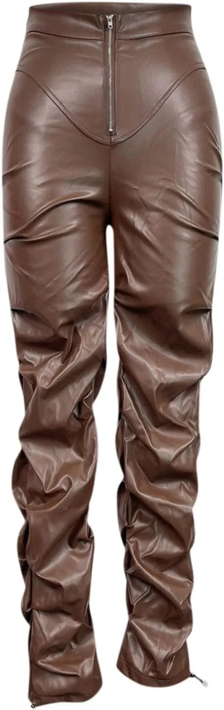 Faux Leather Flare Leg Pants Trousers High Waisted Ruched Zipper Leather Trousers PU Leather Stacked Skinny Pants