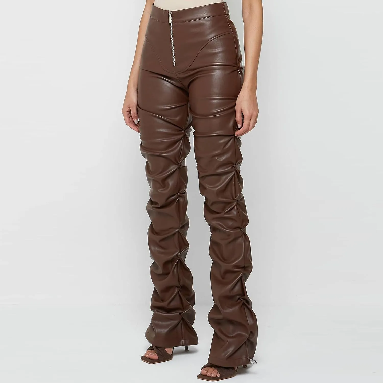 Faux Leather Flare Leg Pants Trousers High Waisted Ruched Zipper Leather Trousers PU Leather Stacked Skinny Pants