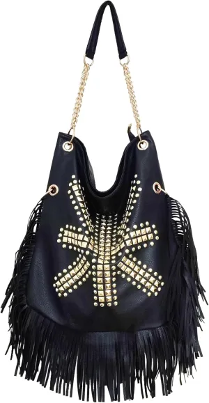 Faux Leather Fringed Hobo Bag Large Rivet Crossbody Bag with Zipper for Women, Black