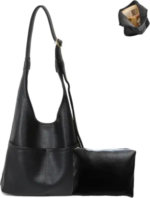 Faux Leather Hobo Bag for Women Large PU Leather Slouchy Bag with Small Purse Soft Crossbody Bags Tote Shoulder Bag