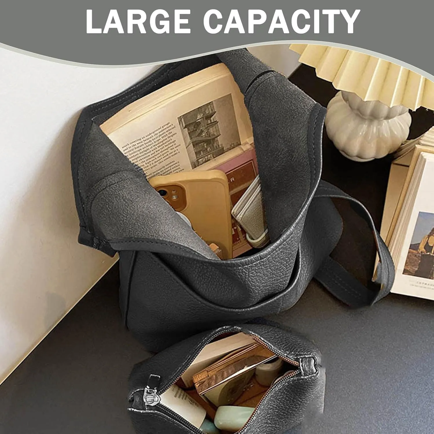 Faux Leather Hobo Bag for Women Large PU Leather Slouchy Bag with Small Purse Soft Crossbody Bags Tote Shoulder Bag