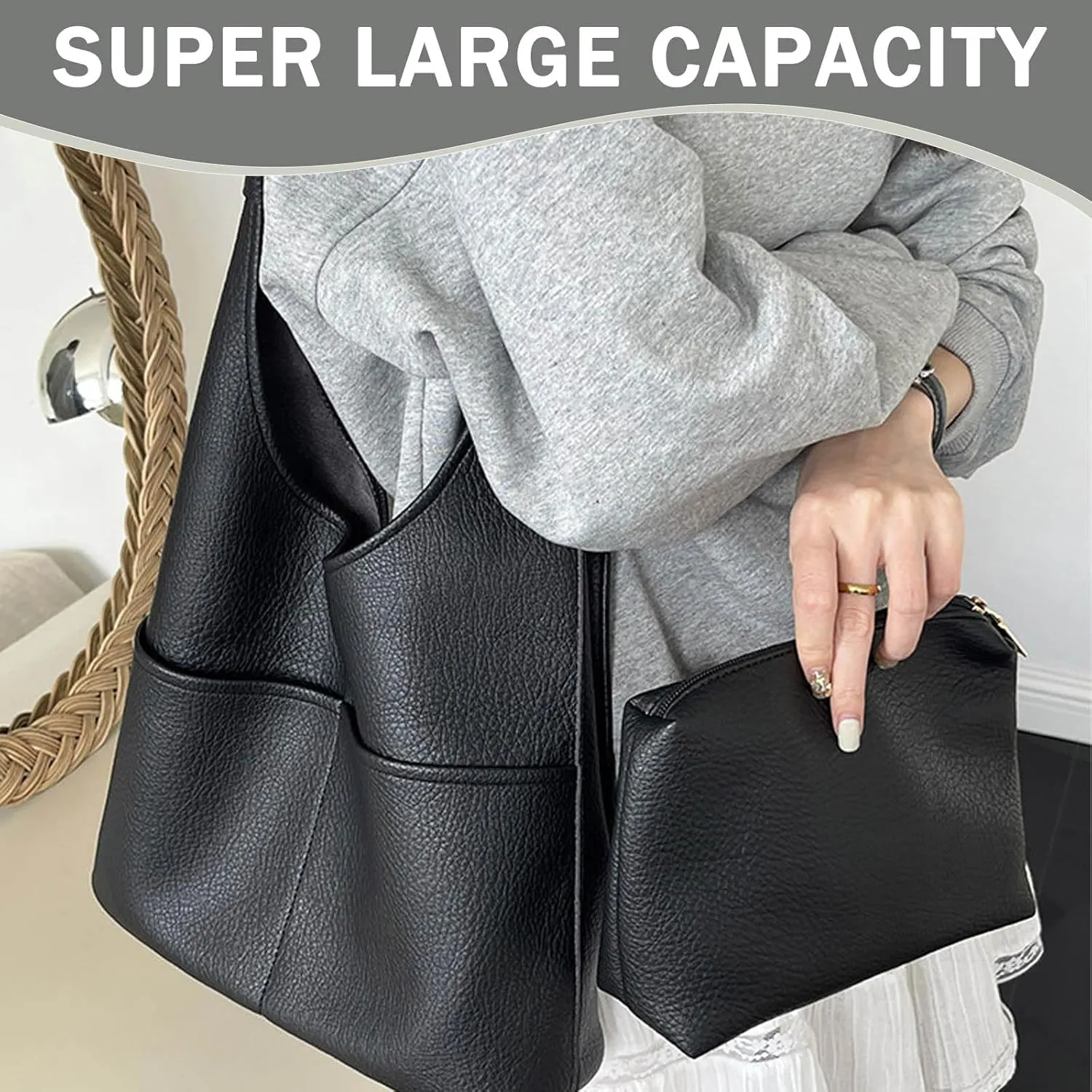 Faux Leather Hobo Bag for Women Large PU Leather Slouchy Bag with Small Purse Soft Crossbody Bags Tote Shoulder Bag