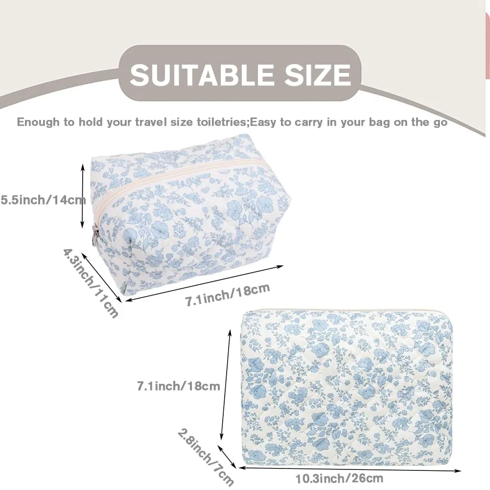 FITINI 2 Pcs Makeup Bag Large Cosmetic Bags Portable Travel Toiletry Case Organizer Cute Small Brushes Storage Pouch with Zipper for Women Purse,Quilting Blue Flower