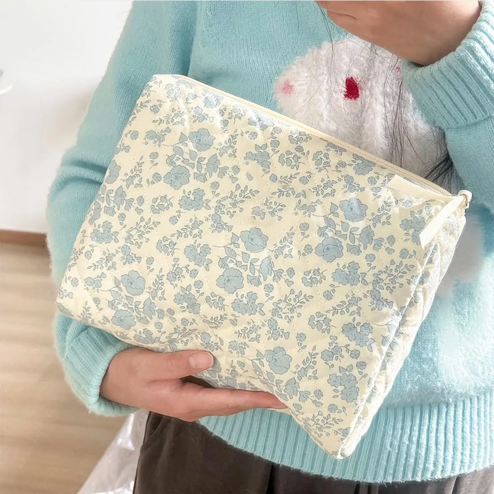 FITINI 2 Pcs Makeup Bag Large Cosmetic Bags Portable Travel Toiletry Case Organizer Cute Small Brushes Storage Pouch with Zipper for Women Purse,Quilting Blue Flower