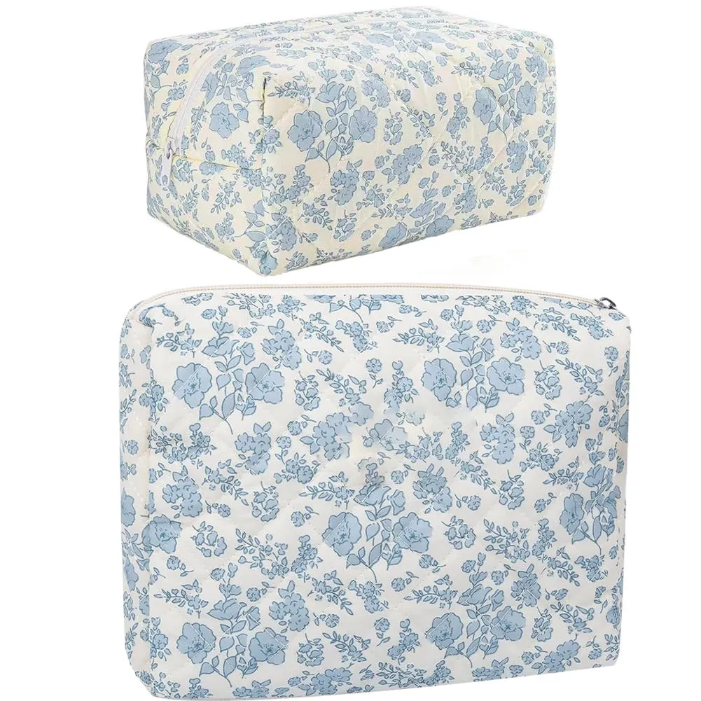 FITINI 2 Pcs Makeup Bag Large Cosmetic Bags Portable Travel Toiletry Case Organizer Cute Small Brushes Storage Pouch with Zipper for Women Purse,Quilting Blue Flower