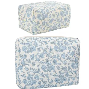 FITINI 2 Pcs Makeup Bag Large Cosmetic Bags Portable Travel Toiletry Case Organizer Cute Small Brushes Storage Pouch with Zipper for Women Purse,Quilting Blue Flower
