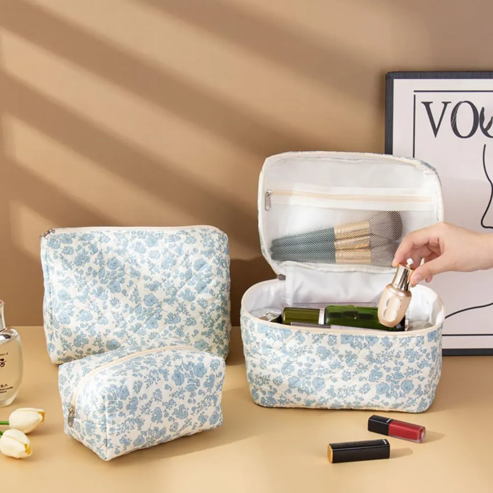 FITINI 2 Pcs Makeup Bag Large Cosmetic Bags Portable Travel Toiletry Case Organizer Cute Small Brushes Storage Pouch with Zipper for Women Purse,Quilting Blue Flower