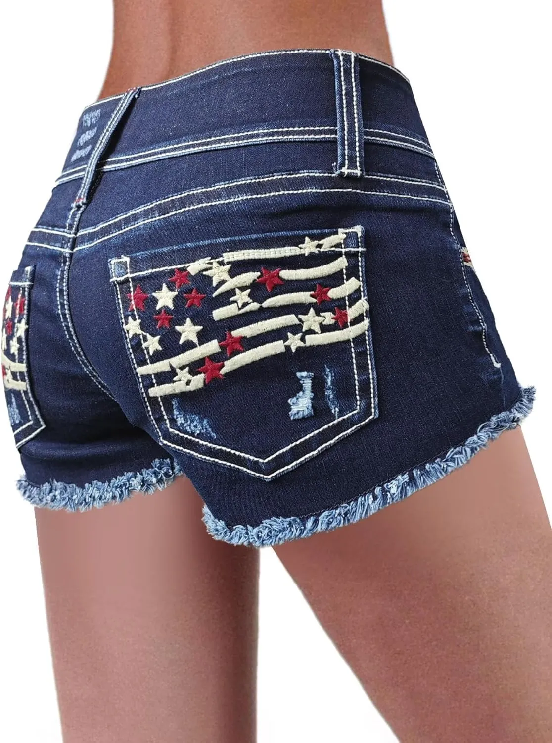 Flamingals Distressed Jean Shorts for Women High Waist American Flag Button Fly Raw Hem Denim Shorts
