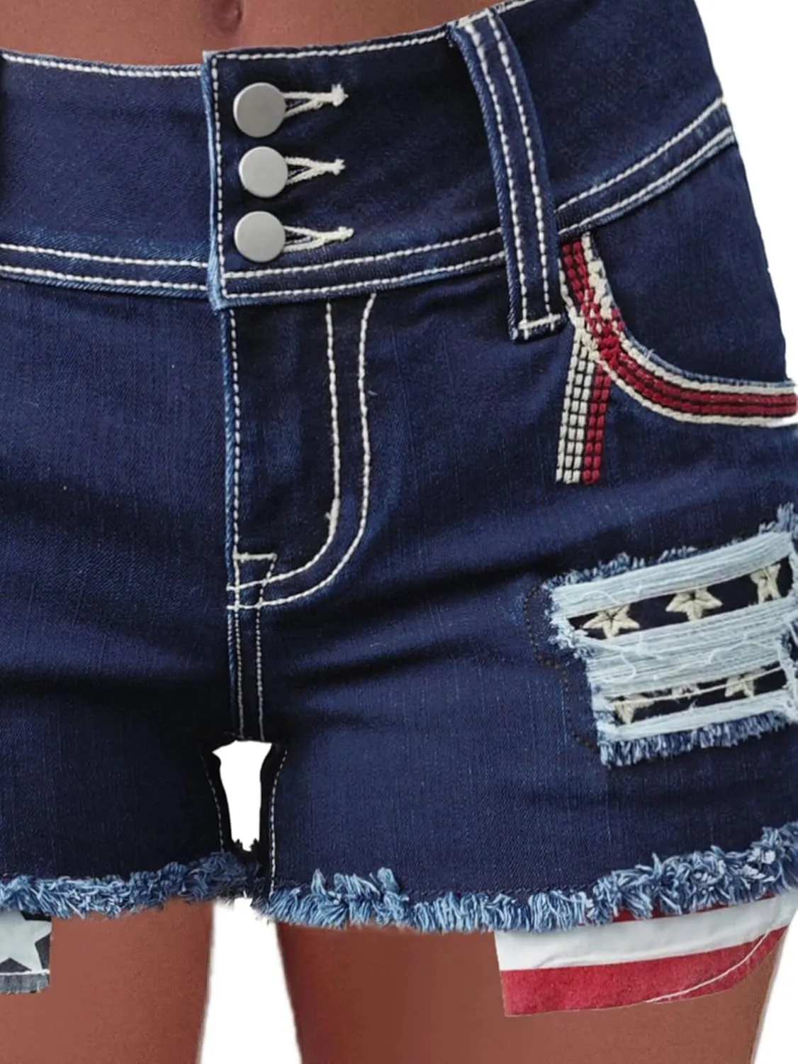Flamingals Distressed Jean Shorts for Women High Waist American Flag Button Fly Raw Hem Denim Shorts