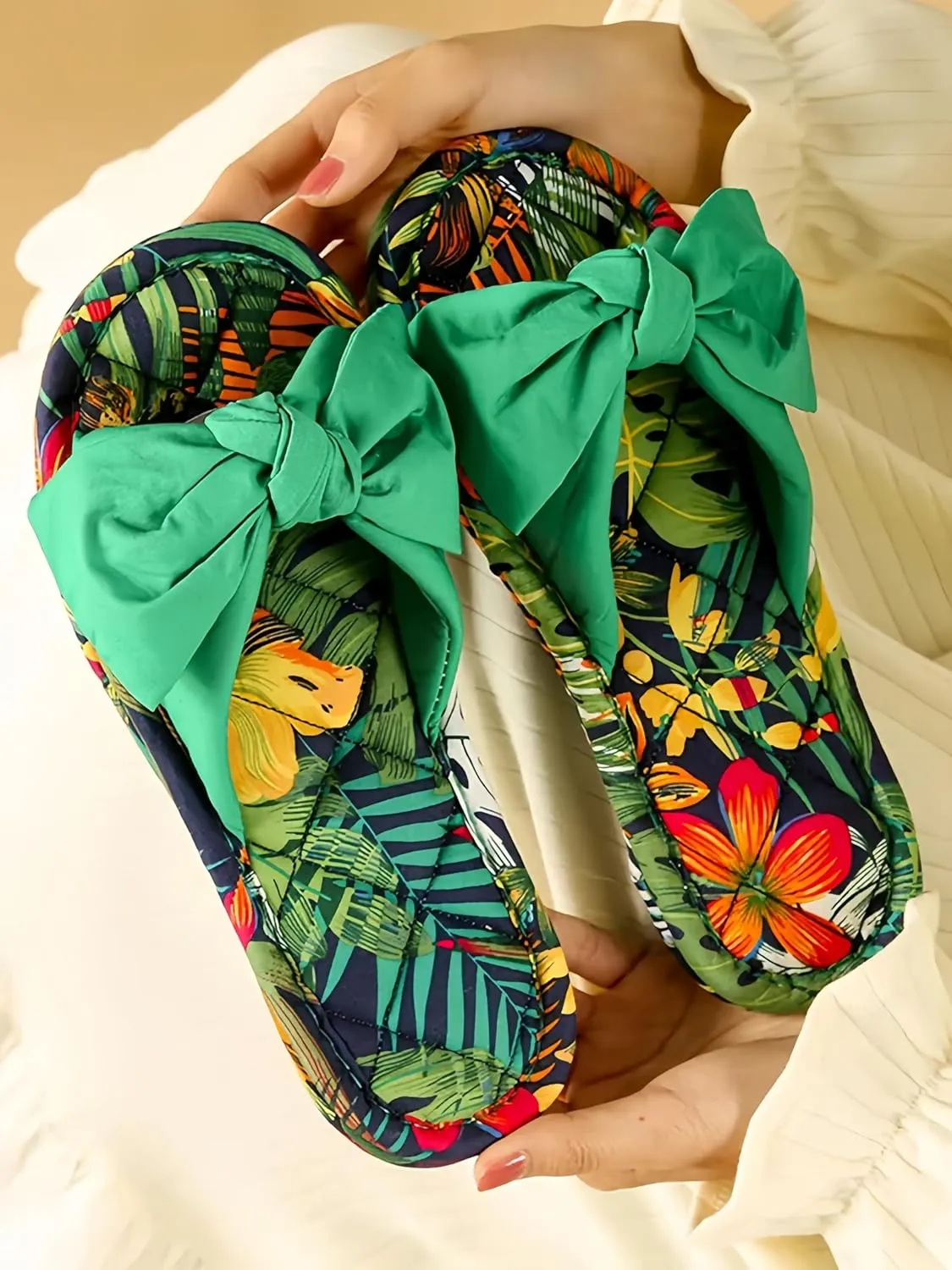 Floral Home Slippers Soft Indoor Open Toe Cotton linen Slippers Lightweight Foldable Travel Hotel Spa Slippers