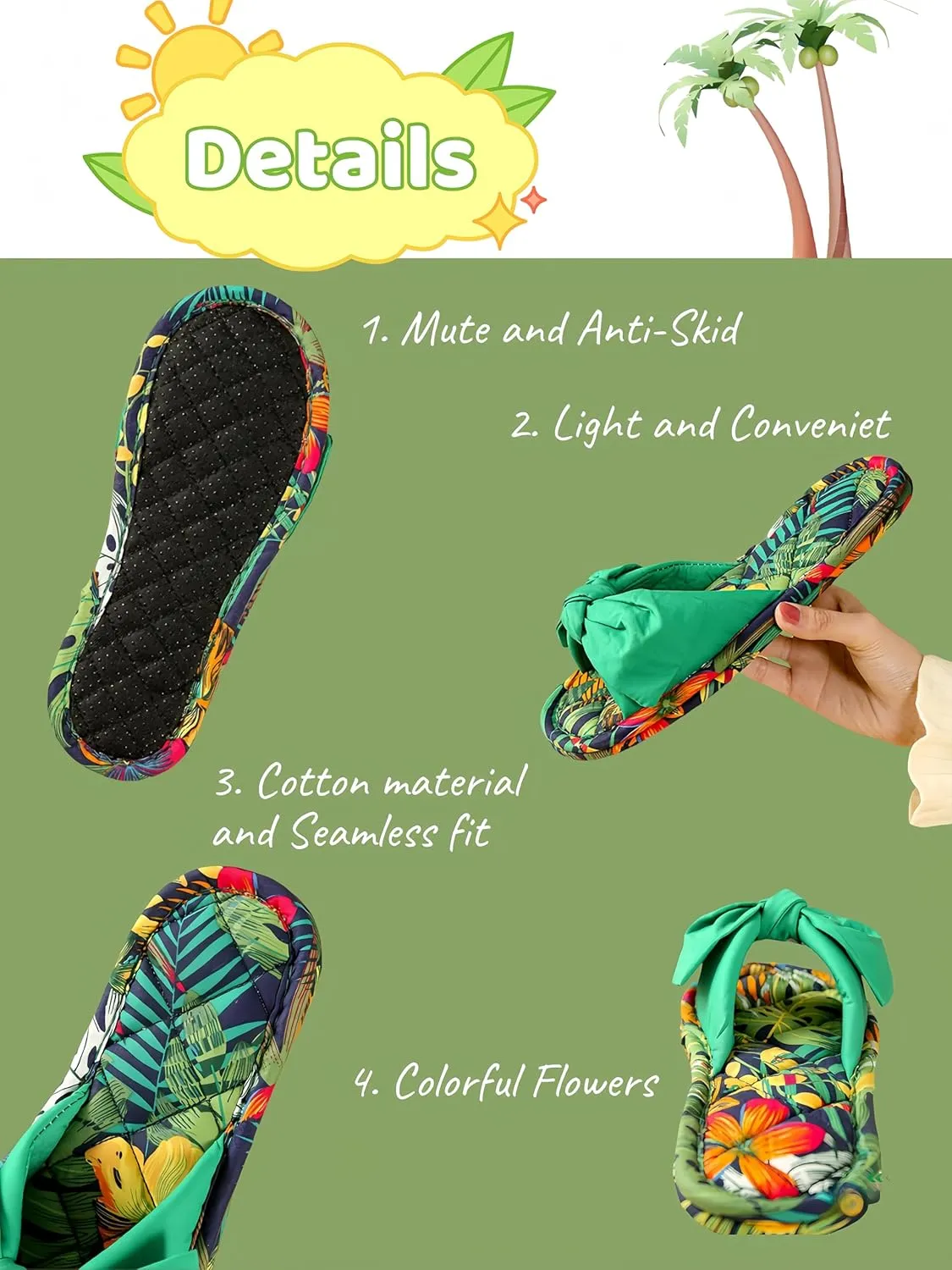 Floral Home Slippers Soft Indoor Open Toe Cotton linen Slippers Lightweight Foldable Travel Hotel Spa Slippers