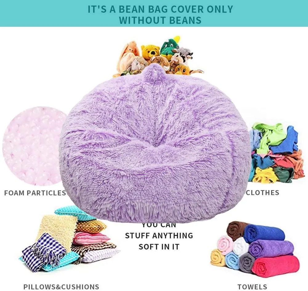 Fluffy Stuffed Animal Storage Bean Bag Chair Cover (No Filler), Faux Fur Comfy Bean Bag Cover for Organizing Plush Toys or Textile, for Adults Teens Kids Girls, Lavender