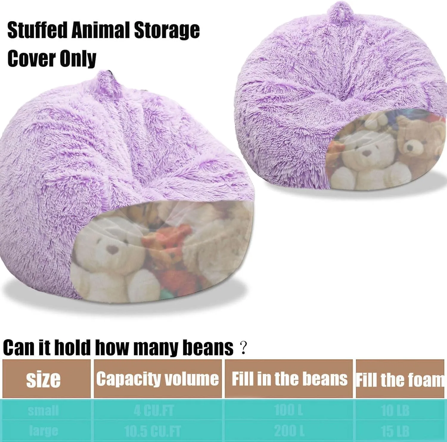 Fluffy Stuffed Animal Storage Bean Bag Chair Cover (No Filler), Faux Fur Comfy Bean Bag Cover for Organizing Plush Toys or Textile, for Adults Teens Kids Girls, Lavender