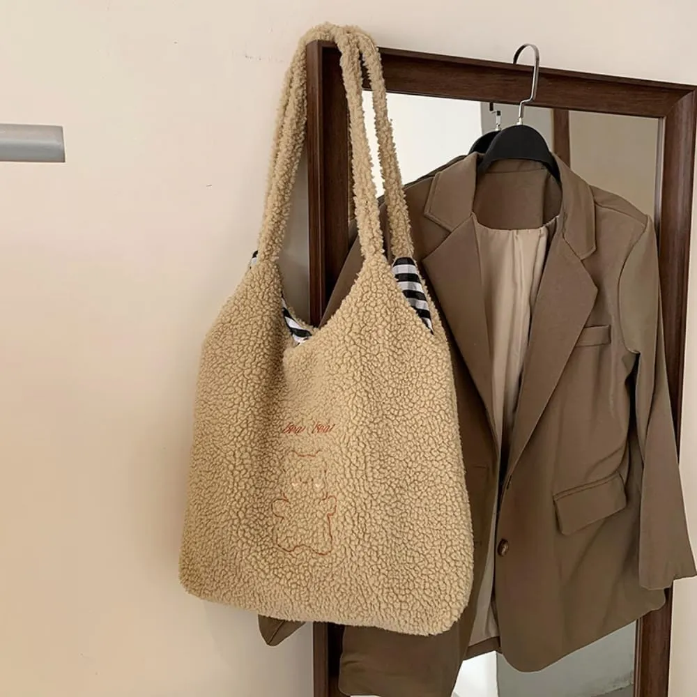 Fluffy Tote Bag Ladies Kawaii Shoulder Bag Women Furry Bears Tote Bag Plush Handbag Women Cute Crossbody Bag for Women