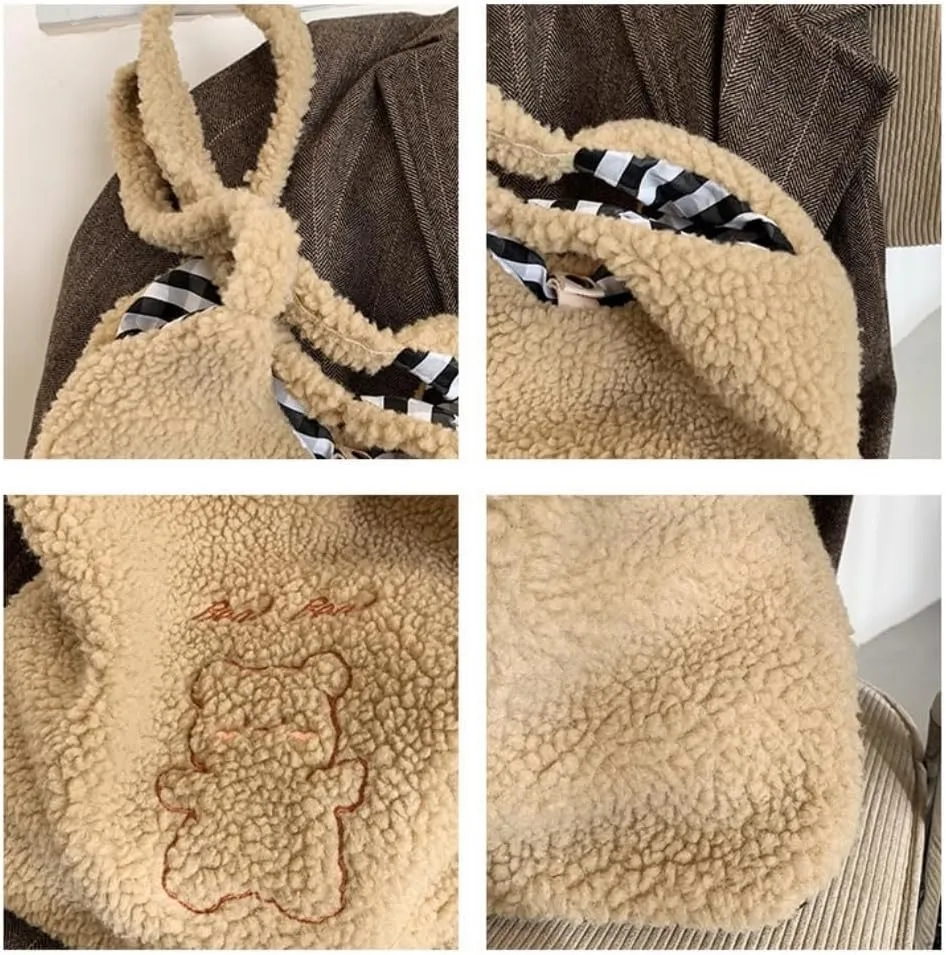 Fluffy Tote Bag Ladies Kawaii Shoulder Bag Women Furry Bears Tote Bag Plush Handbag Women Cute Crossbody Bag for Women