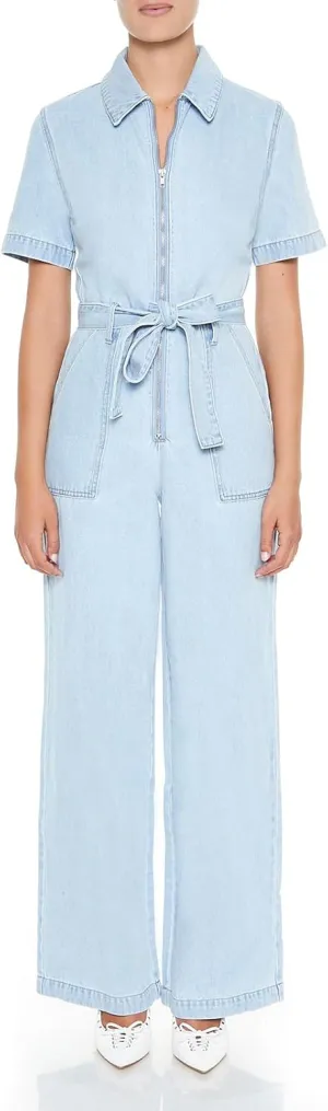 Forever 21 Women's Zip-up Tie-front Denim Jumpsuit