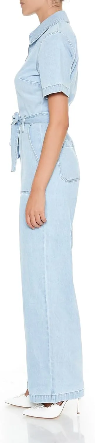 Forever 21 Women's Zip-up Tie-front Denim Jumpsuit