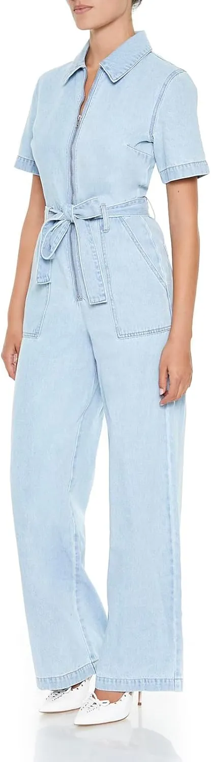Forever 21 Women's Zip-up Tie-front Denim Jumpsuit