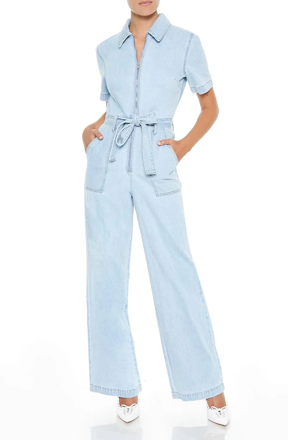 Forever 21 Women's Zip-up Tie-front Denim Jumpsuit