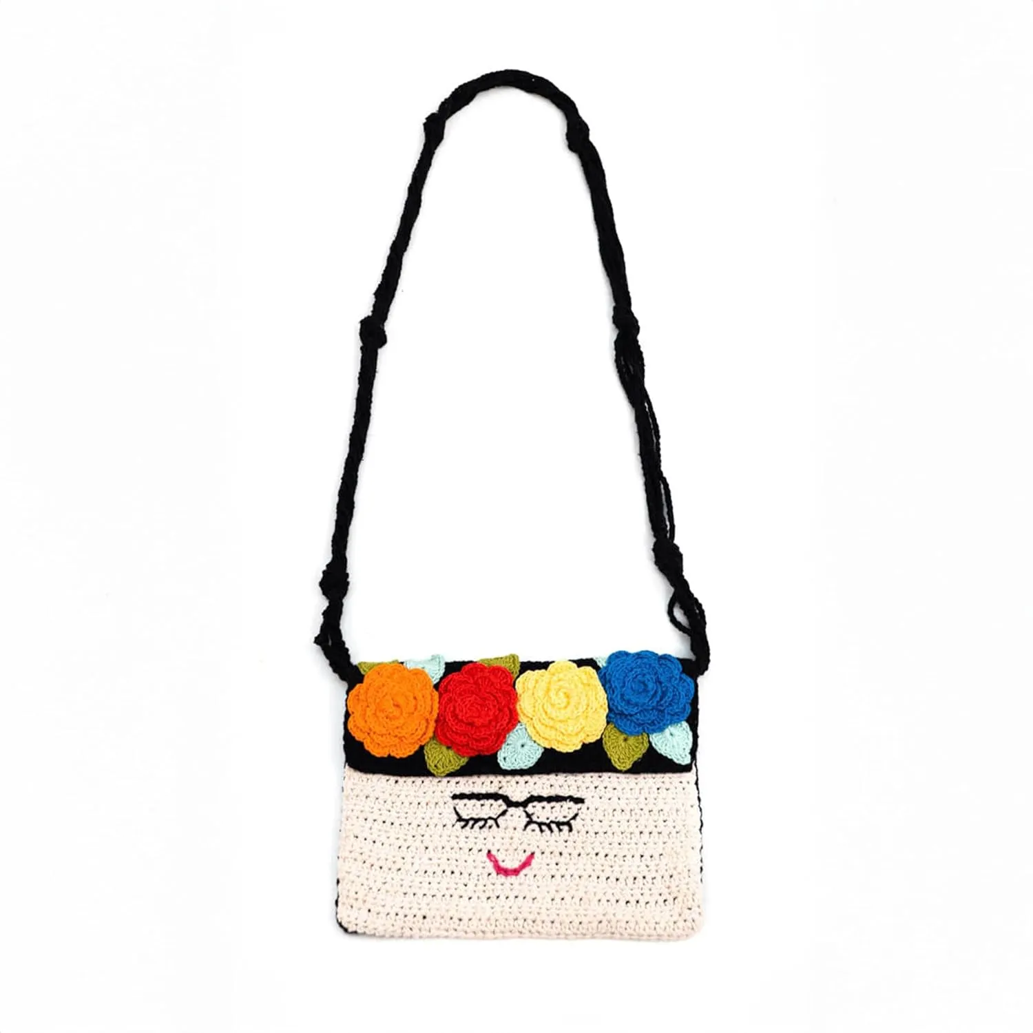 Frida Kahlo Shoulder Bag - 100% Cotton, Brazil Handcrafted Shoulder Bag, Hippie Aesthetic Bag, Women Crochet Design, Fashion Handmade Bag for Girls, Beach Bags - Multicolor
