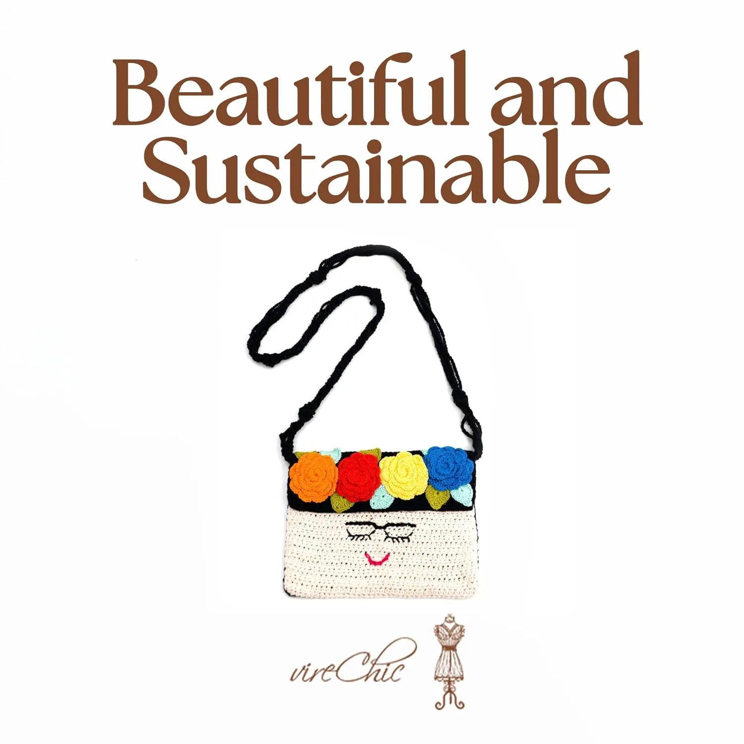 Frida Kahlo Shoulder Bag - 100% Cotton, Brazil Handcrafted Shoulder Bag, Hippie Aesthetic Bag, Women Crochet Design, Fashion Handmade Bag for Girls, Beach Bags - Multicolor