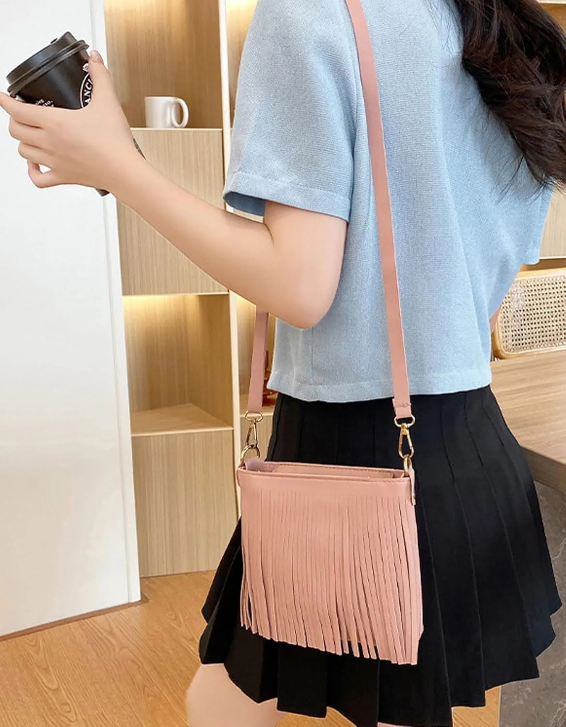 Fringe Crossbody Shoulder Bag Faux Leather Messenger Purse Western Cowgirl Tassel Handbags for Women, Pink