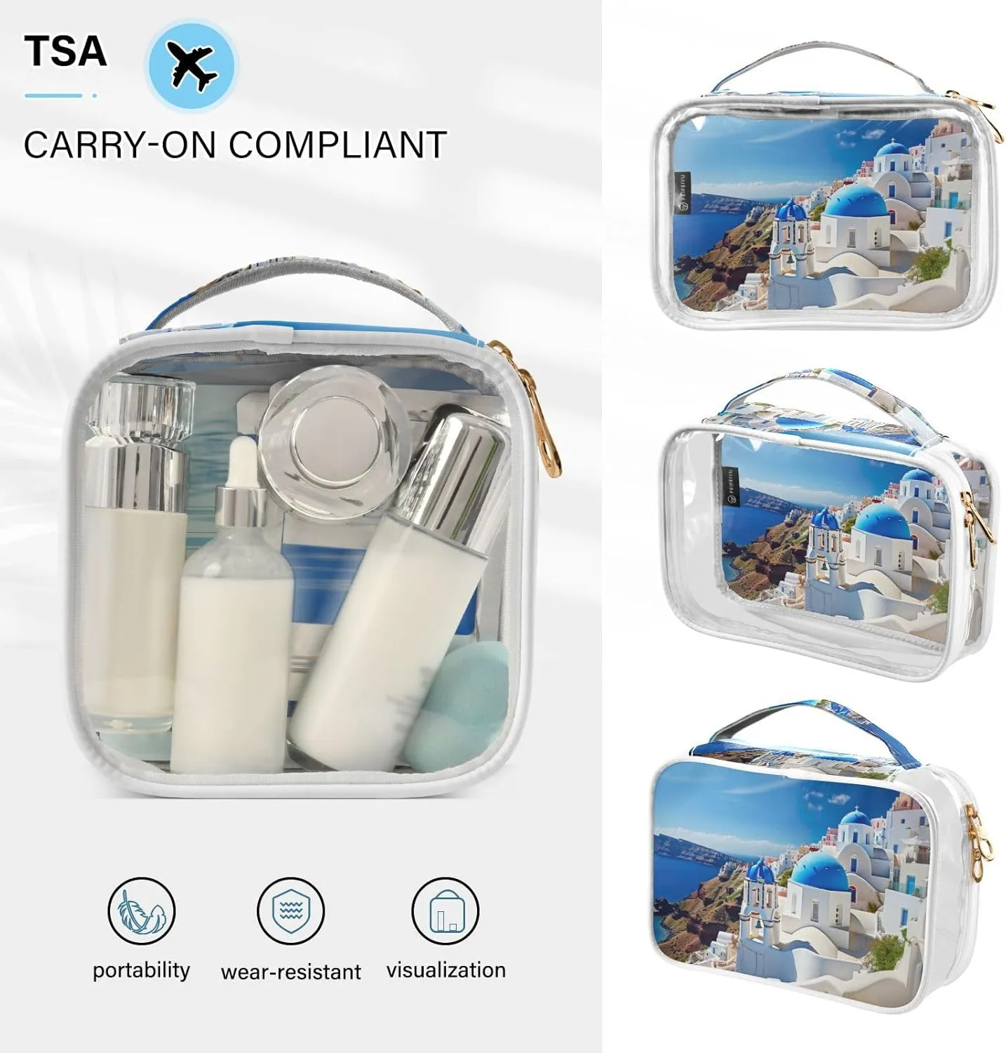 GAIGEO Buildings with a Blue Dome 2 Pack Clear Makeup Bag Set, Reusable Clear Travel Bags, Clear Plastic Toiletry Bags for Traveling