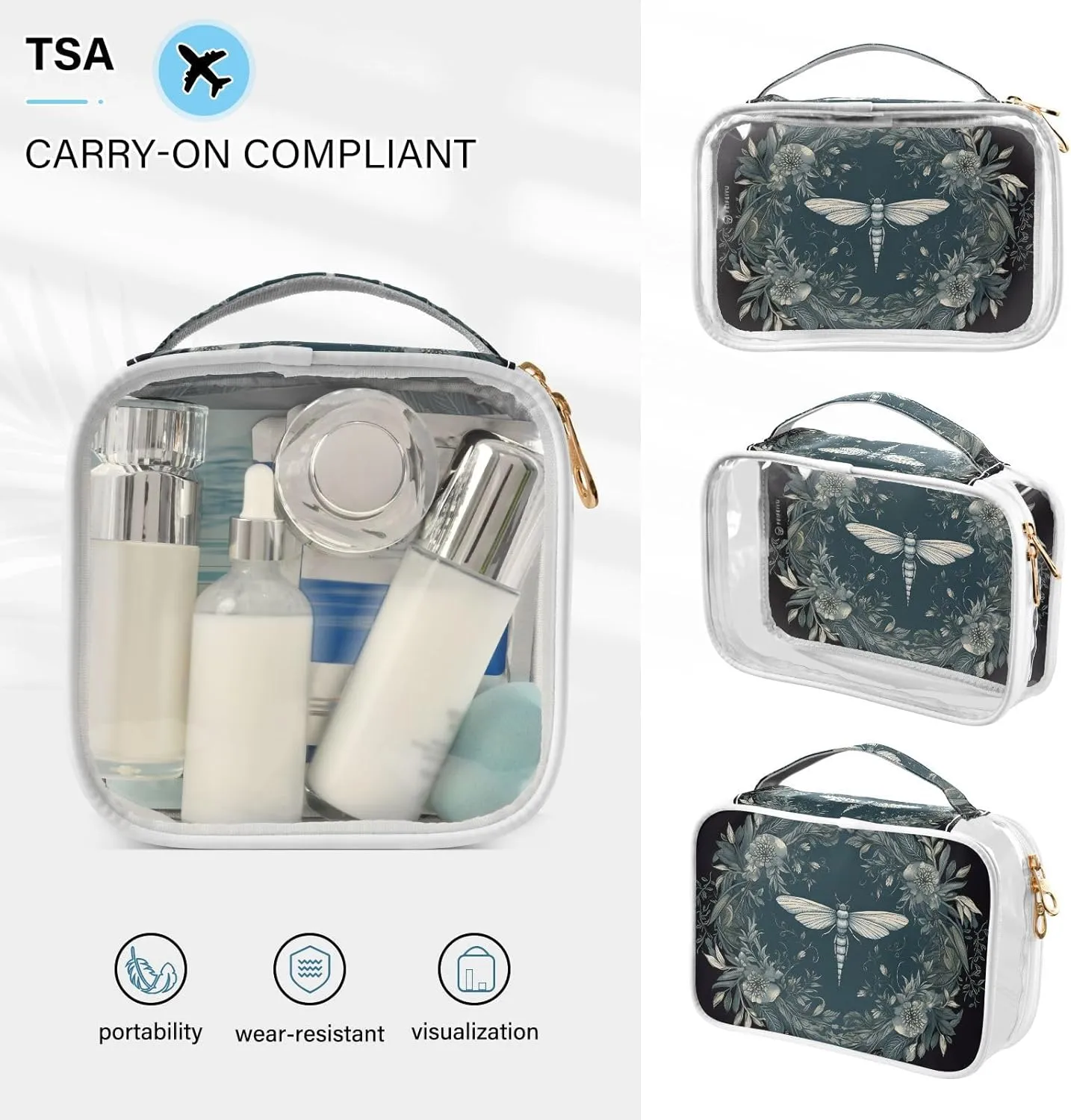 GAIGEO Dragonfly in Turquoise Garland on Black 2 Pack Clear Cosmetic Bag Set, Transparent Travel Makeup Bag, Clear Toiletries Bag for Travel