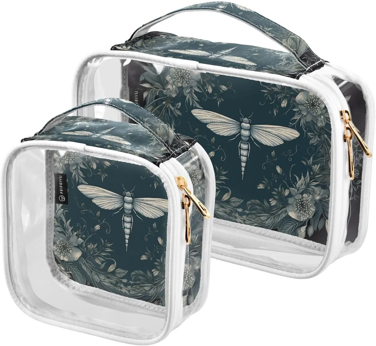 GAIGEO Dragonfly in Turquoise Garland on Black 2 Pack Clear Cosmetic Bag Set, Transparent Travel Makeup Bag, Clear Toiletries Bag for Travel