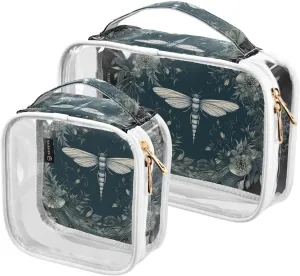 GAIGEO Dragonfly in Turquoise Garland on Black 2 Pack Clear Cosmetic Bag Set, Transparent Travel Makeup Bag, Clear Toiletries Bag for Travel