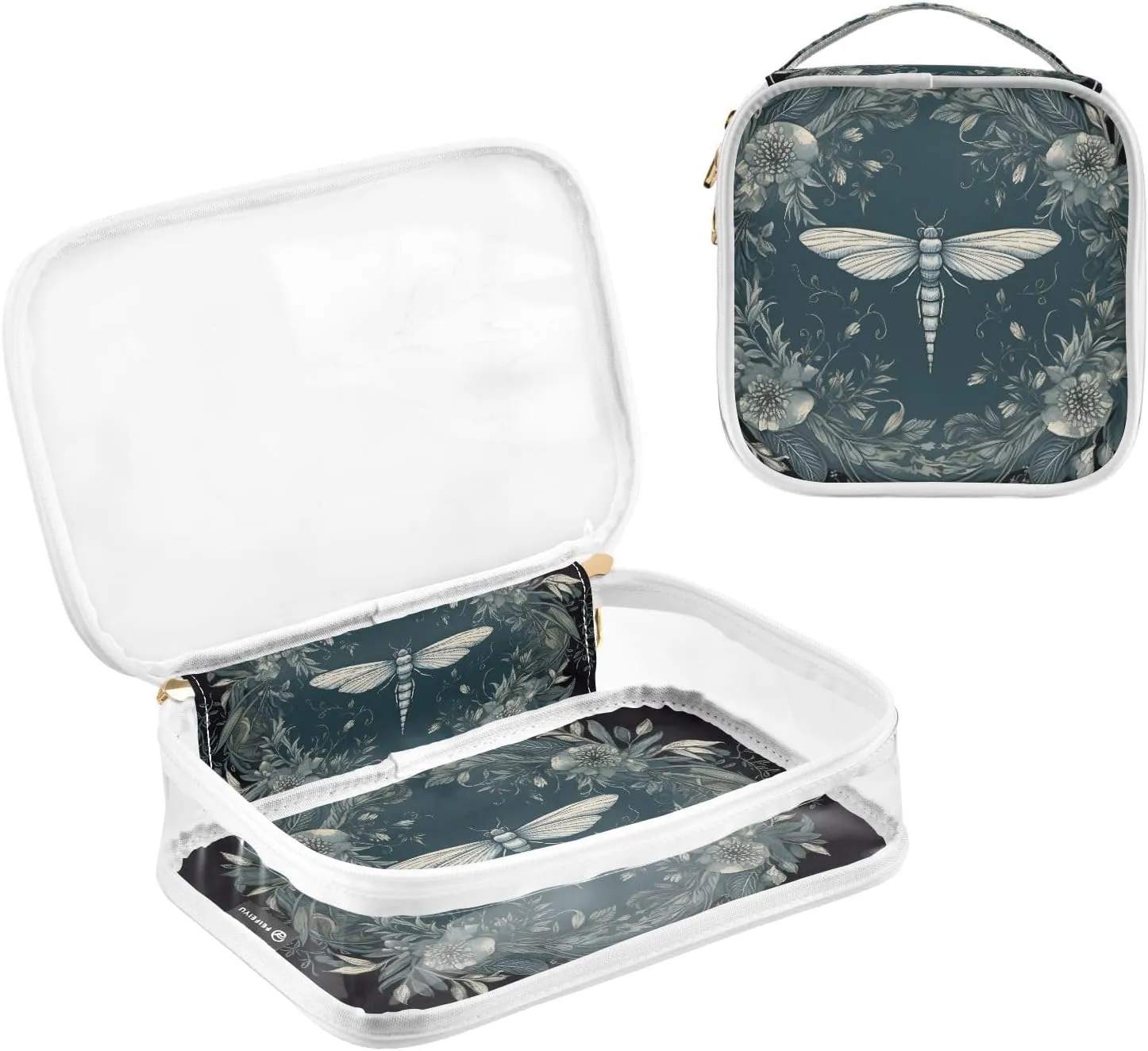GAIGEO Dragonfly in Turquoise Garland on Black 2 Pack Clear Cosmetic Bag Set, Transparent Travel Makeup Bag, Clear Toiletries Bag for Travel