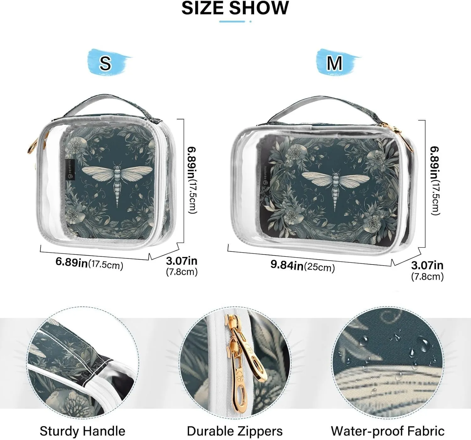 GAIGEO Dragonfly in Turquoise Garland on Black 2 Pack Clear Cosmetic Bag Set, Transparent Travel Makeup Bag, Clear Toiletries Bag for Travel
