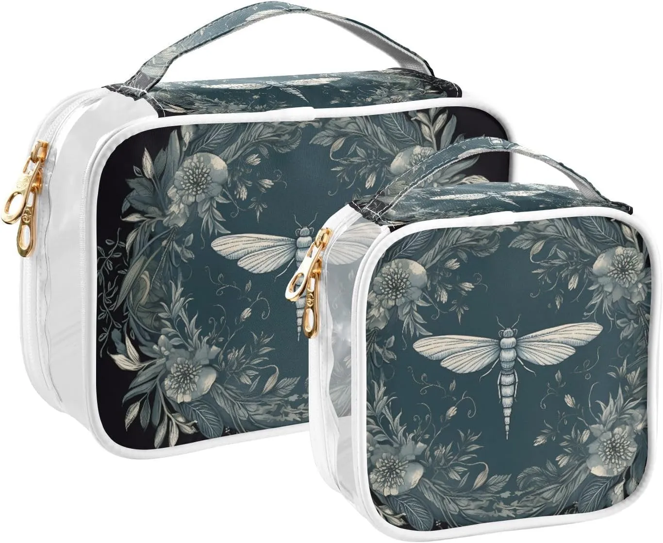 GAIGEO Dragonfly in Turquoise Garland on Black 2 Pack Clear Cosmetic Bag Set, Transparent Travel Makeup Bag, Clear Toiletries Bag for Travel