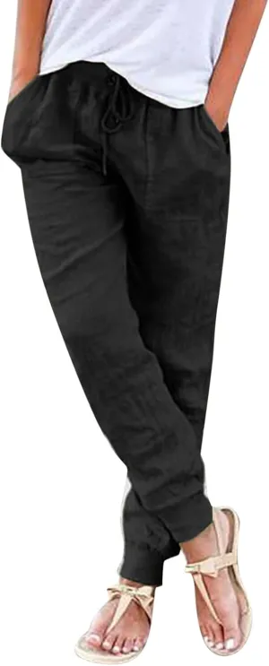 Generic Womens Cotton Linen Jogger Pants Summer Casual Drawstring Elastic Waist Lightweight Tapered Leg Joggers with Pockets