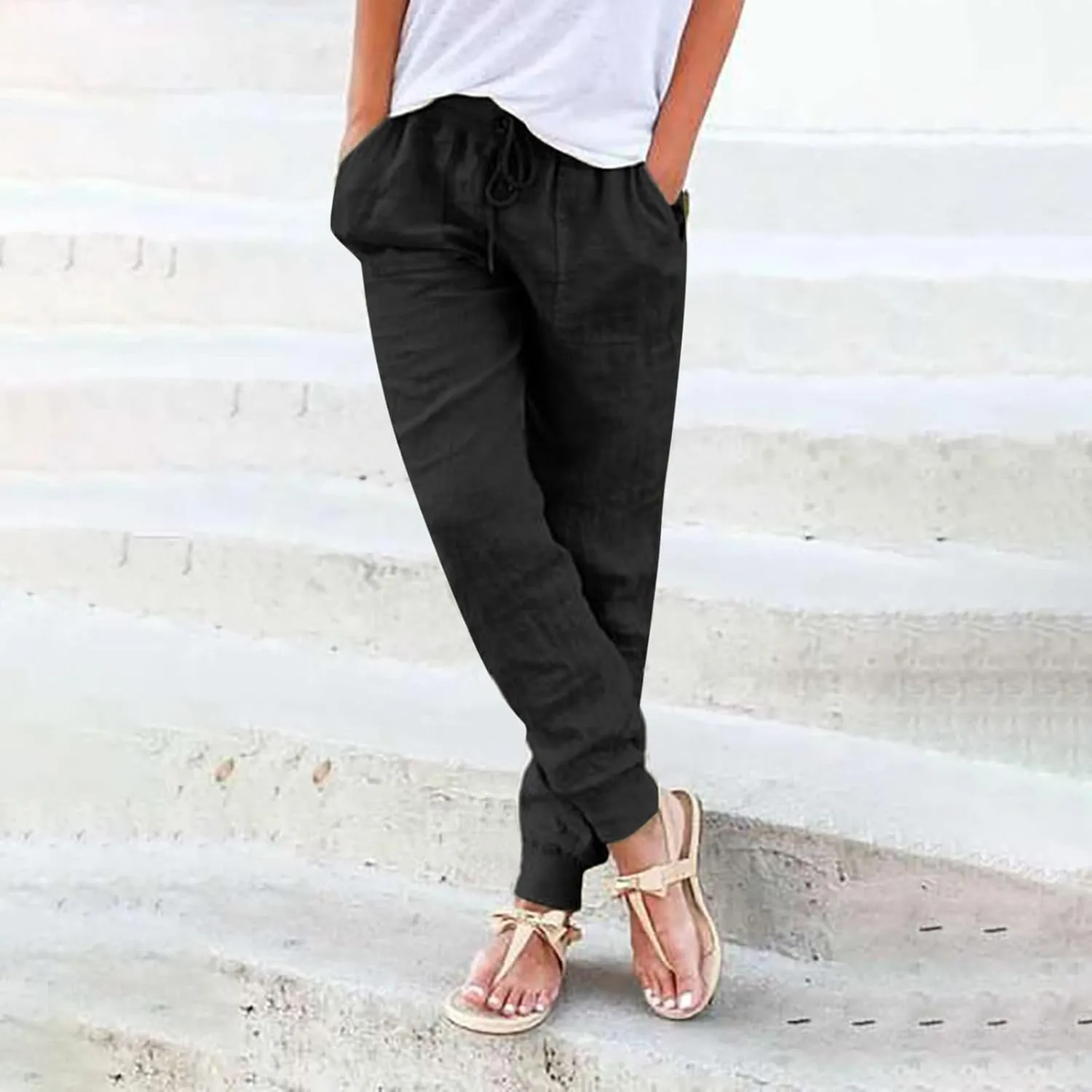 Generic Womens Cotton Linen Jogger Pants Summer Casual Drawstring Elastic Waist Lightweight Tapered Leg Joggers with Pockets