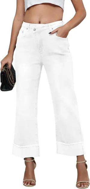 Genleck Wide Leg Cropped Jeans for Women Trendy High Waisted Crossover Boyfriend Jeans Mom Baggy Stretchy Denim