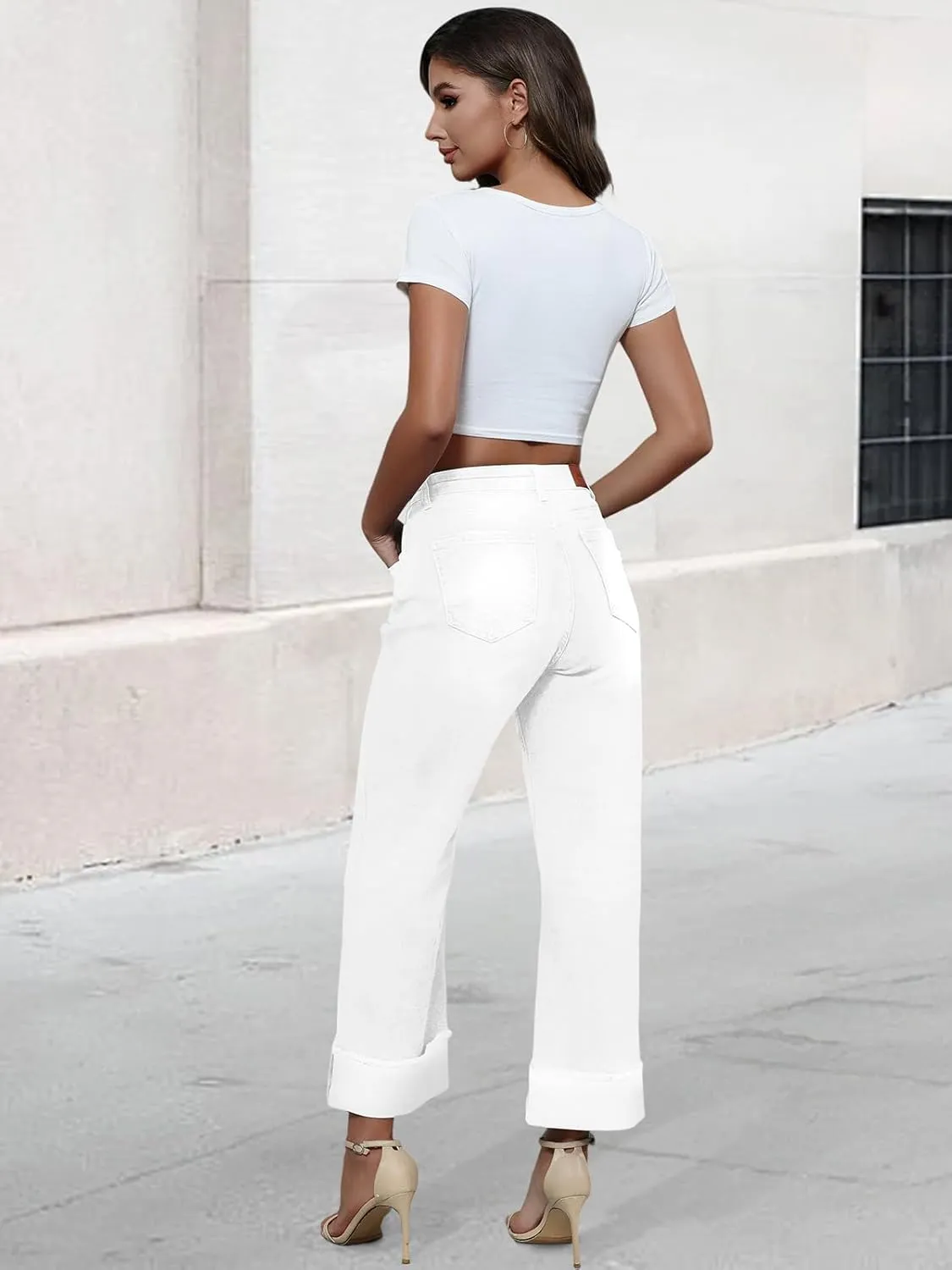 Genleck Wide Leg Cropped Jeans for Women Trendy High Waisted Crossover Boyfriend Jeans Mom Baggy Stretchy Denim