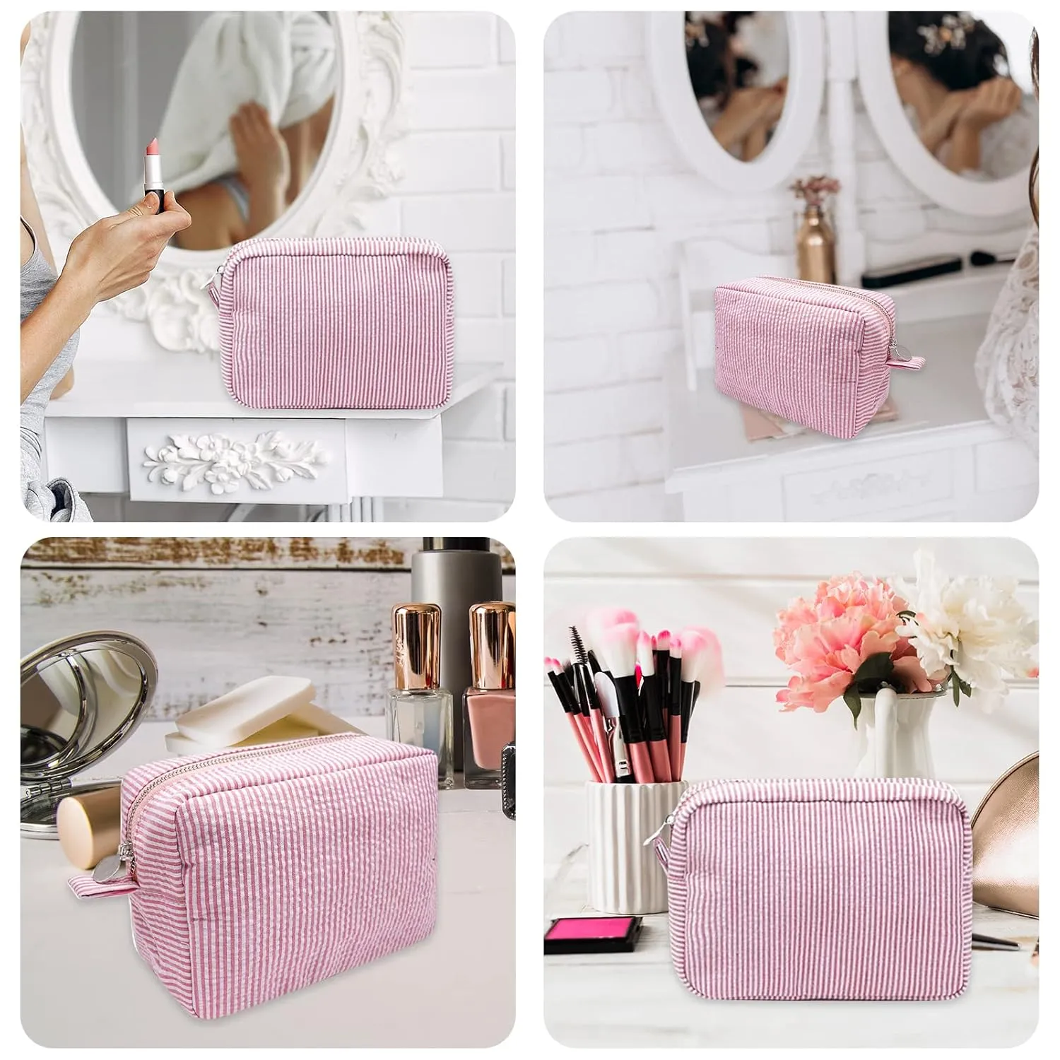 GFU Cosmetic Bag for Women, Large Makeup Bag, Travel Toiletry Stripe Cosmetic Bag, Seersucker Women Aesthetic Organizer Storage Pouch, Girls Handbags Purses (Pink)