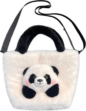 Girls' Animal Plush Handbag Small Size Crossbody Bag Cute Panda Doll Furry Purse
