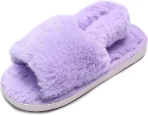 Girl's Fuzzy Fluffy Furry Slippers Cross Band Shoes Slides for Girls Fur Flip Flop Open Toe Slippers